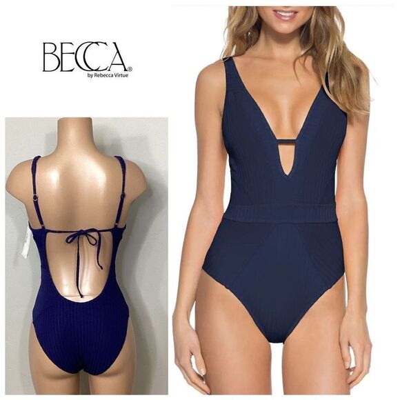 New. BECCA navy plunge neck swimsuit. Small. $129 - Picture 1 of 8